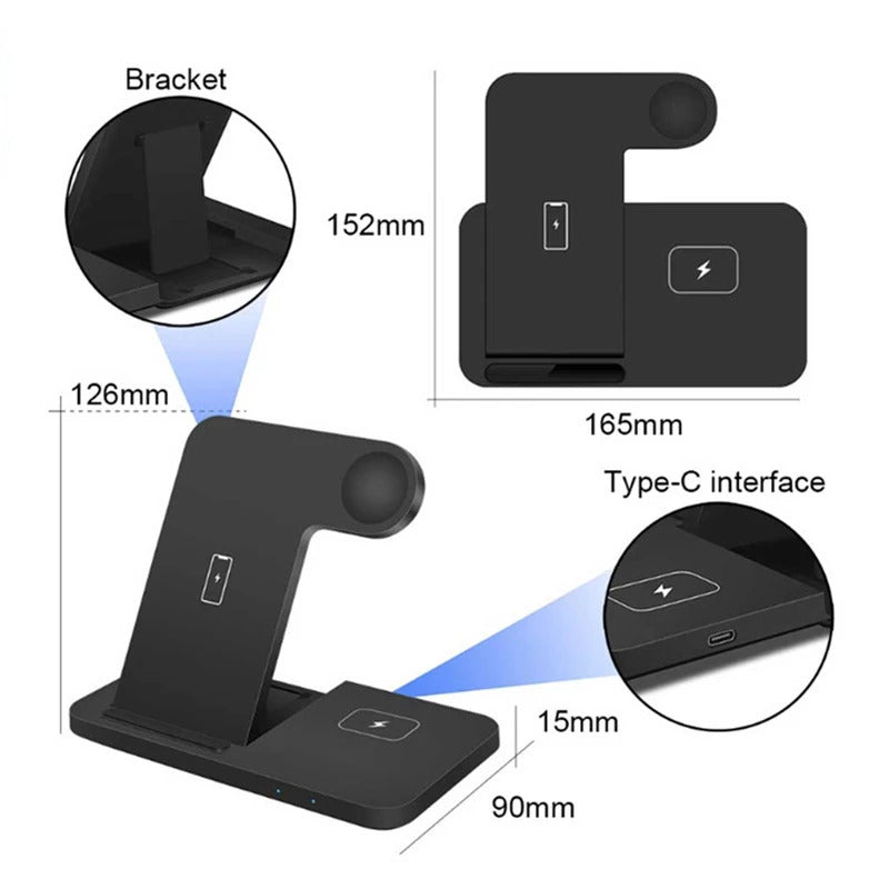 Carregador Sem Fio Multifuncional 3 em 1 para Celular, Smartphone e Fone de Ouvido Wireless