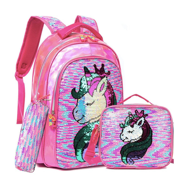 Conjunto Mochila Escolar Infantil Unicórnio Fashion de Lantejoulas com 3 Pçs