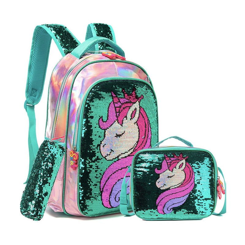 Conjunto Mochila Escolar Infantil Unicórnio Fashion de Lantejoulas com 3 Pçs